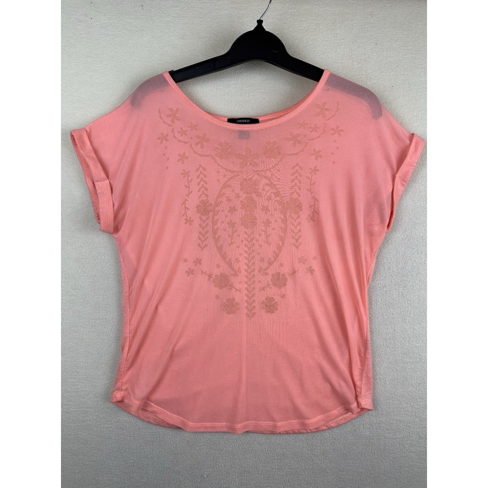 Forever 21 Womens Top Short Sleeve Sheer Mesh Peach Blouse Orange Large